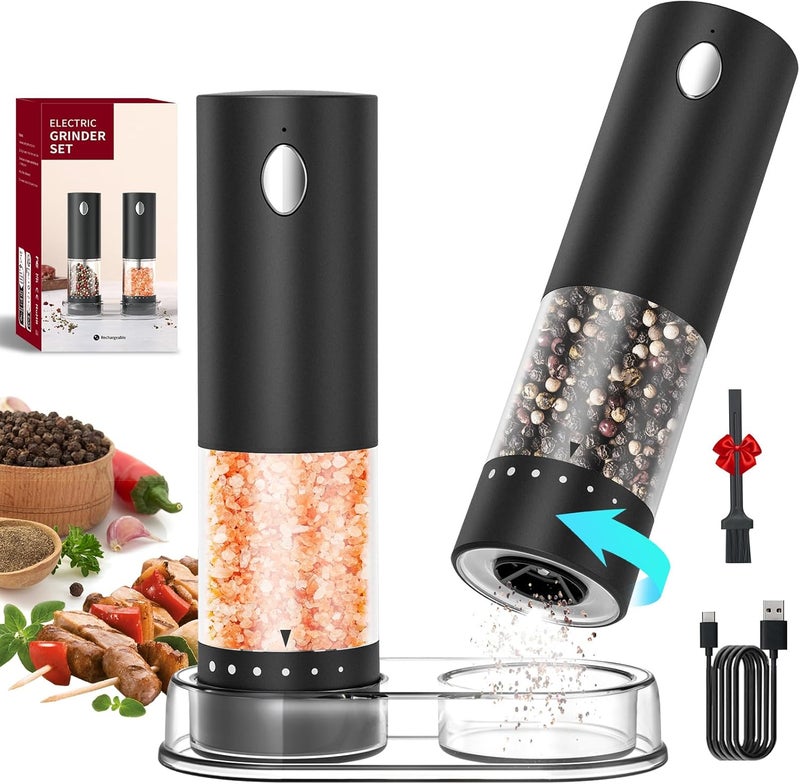 CircleJoy Electric Salt and Pepper Grinder Set Rechargeable Salt and Pepper Mills with 6-Level External Adjustable Coarseness, White LED Light and Storage Base, Black - Image 1