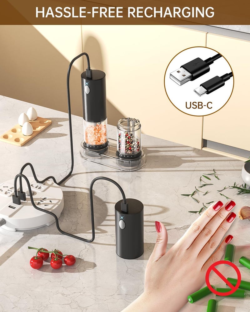 CircleJoy Electric Salt and Pepper Grinder Set Rechargeable Salt and Pepper Mills with 6-Level External Adjustable Coarseness, White LED Light and Storage Base, Black - Image 3