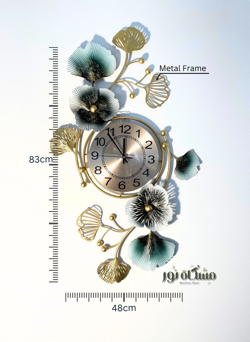 Mishkat Noor Wall Clock Metal 3D Leaf Golden Iron Frame Vertical Analog  - Image 2