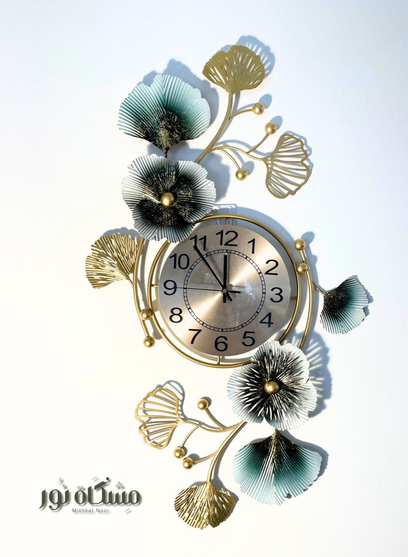 Mishkat Noor Wall Clock Metal 3D Leaf Golden Iron Frame Vertical Analog  - Image 1
