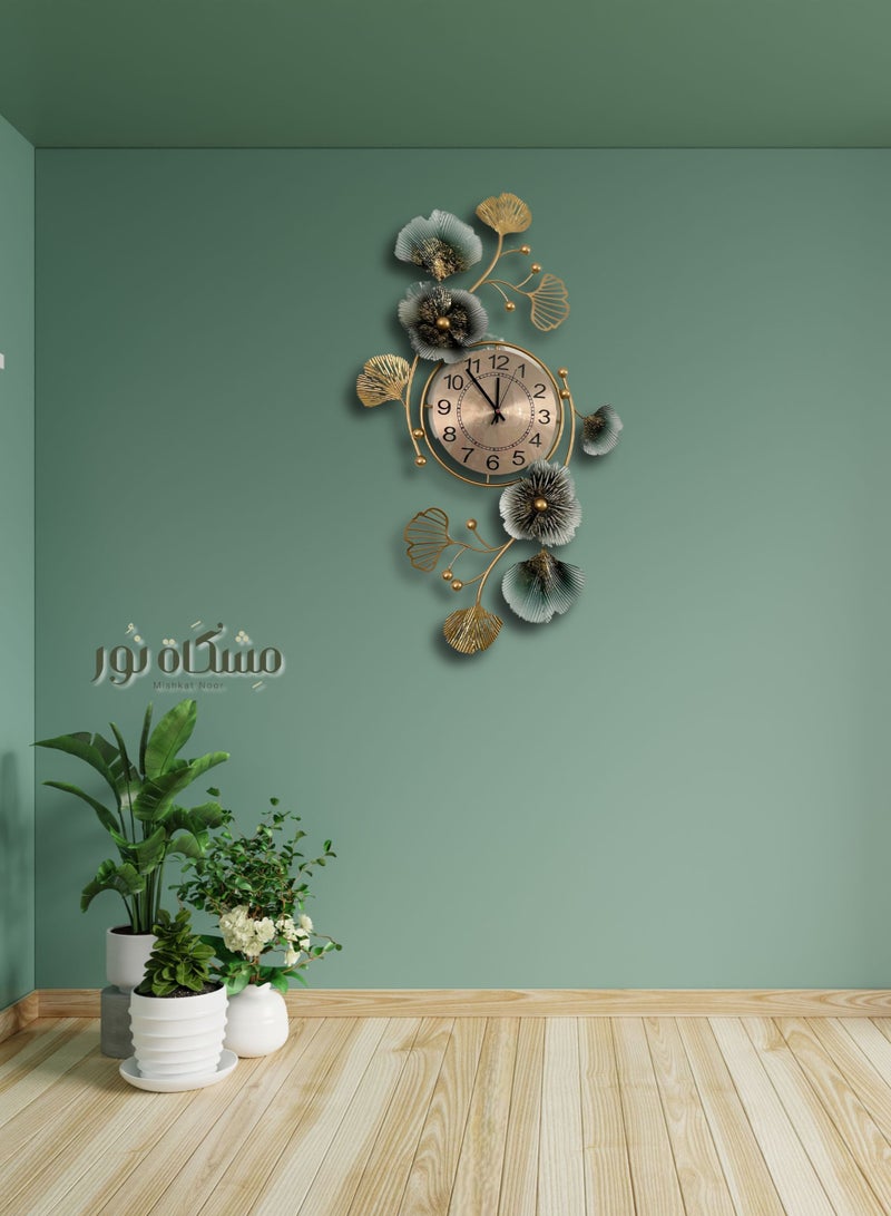 Mishkat Noor Wall Clock Metal 3D Leaf Golden Iron Frame Vertical Analog  - Image 3