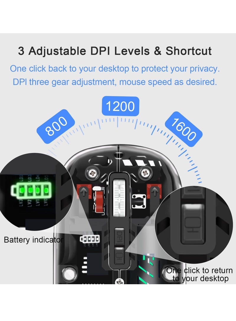 لياوسيسي فأرة لاسلكية شفافة صامتة بتقنية البلوتوث(إصدار 5.2 + تردد 2.4 جيجا هرتز - دقة 1600 نقطة في البوصة)مع مستقبل يو إس بي، وبطارية قابلة لإعادة الشحنتصميم أنيق سحري لنقر هادئتدعم الاقتران مع أجهزة متعددةوحساسية قابلة للتعديل - Image 4