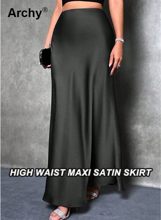 Archy Women's Satin Maxi Skirt - High Waist, Solid Color, A-Line Silhouette | Elegant Silk-Like Texture for Casual & Formal Occasions Maxi A-line Skirt Spring & Summer - Image 1