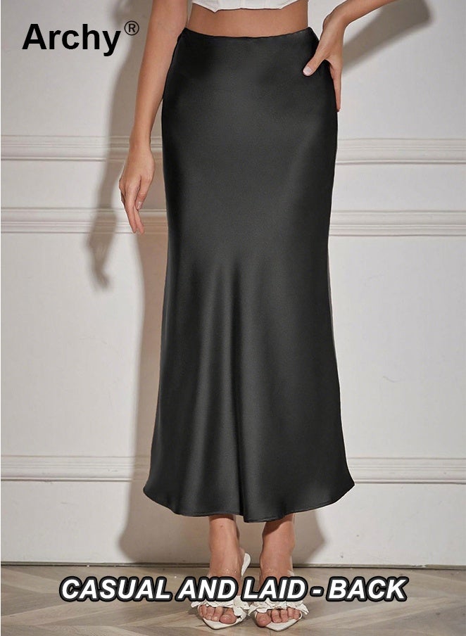 Archy Women's Satin Maxi Skirt - High Waist, Solid Color, A-Line Silhouette | Elegant Silk-Like Texture for Casual & Formal Occasions Maxi A-line Skirt Spring & Summer - Image 4