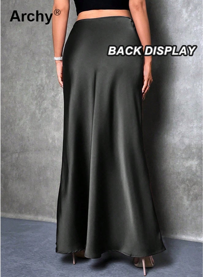 Archy Women's Satin Maxi Skirt - High Waist, Solid Color, A-Line Silhouette | Elegant Silk-Like Texture for Casual & Formal Occasions Maxi A-line Skirt Spring & Summer - Image 3