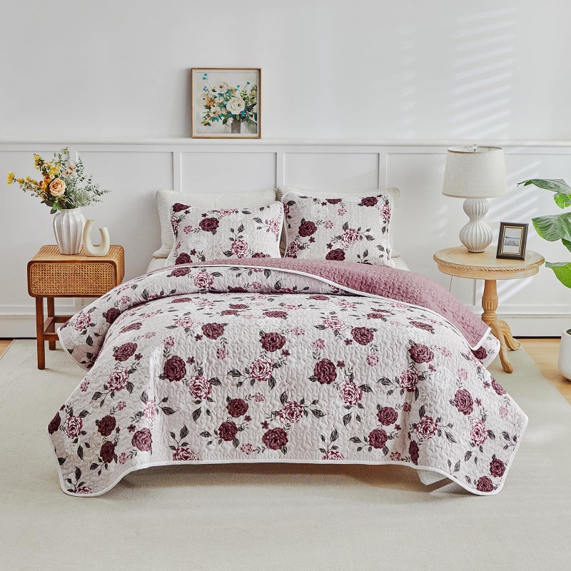 Shxime Floral Quilt Set 3 Pieces Queen Size Pink with Purple Rose Botanical Spring Flower Quilt Bedding Set, Microfiber Lightweight Bedspread, Coverlet Set for All Seasons - Image 2