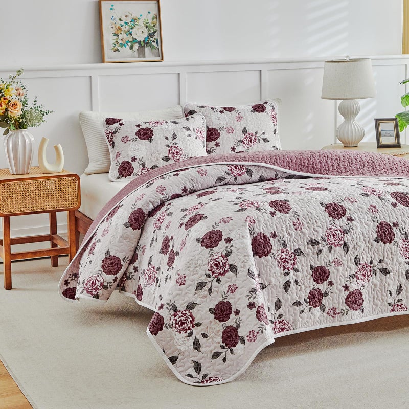 Shxime Floral Quilt Set 3 Pieces Queen Size Pink with Purple Rose Botanical Spring Flower Quilt Bedding Set, Microfiber Lightweight Bedspread, Coverlet Set for All Seasons - Image 4