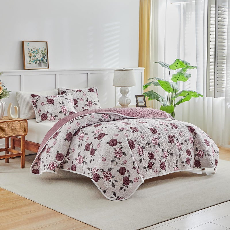 Shxime Floral Quilt Set 3 Pieces Queen Size Pink with Purple Rose Botanical Spring Flower Quilt Bedding Set, Microfiber Lightweight Bedspread, Coverlet Set for All Seasons - Image 3