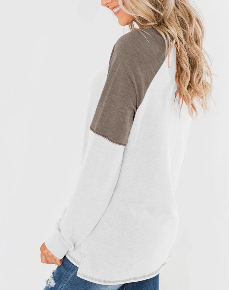 Bingerlily Women's Casual Long Sleeve Tunic Tops Crew Neck Color Block Blouses (Large, White) - Image 2