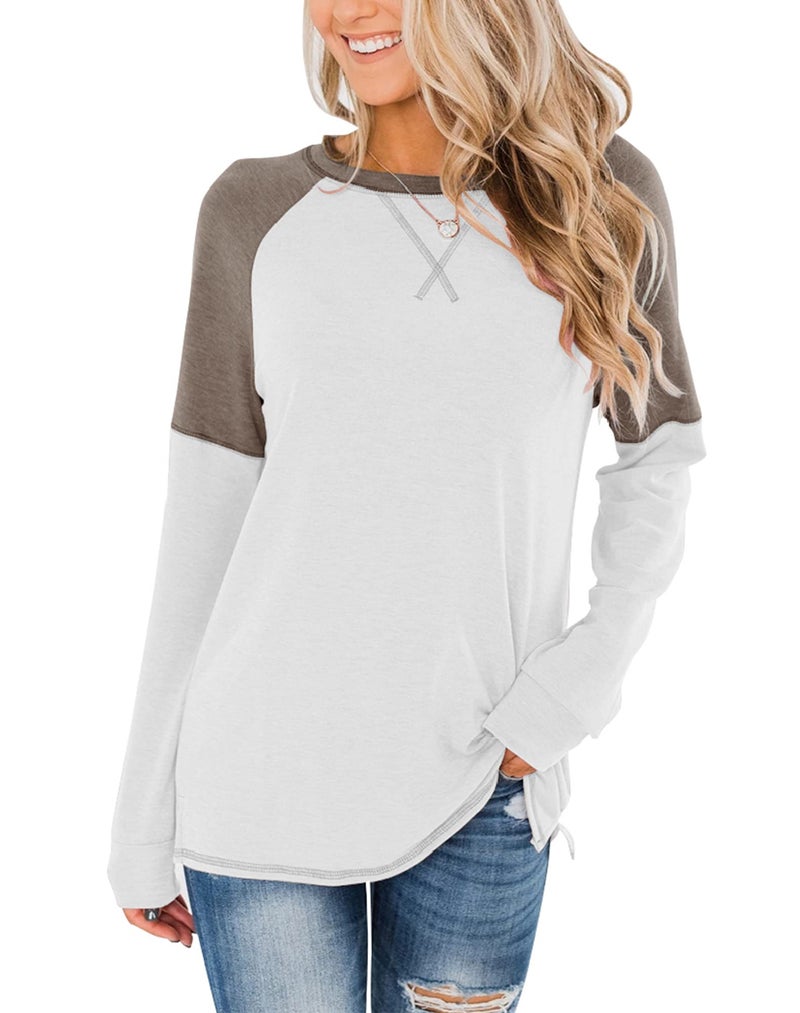Bingerlily Women's Casual Long Sleeve Tunic Tops Crew Neck Color Block Blouses (Large, White) - Image 5
