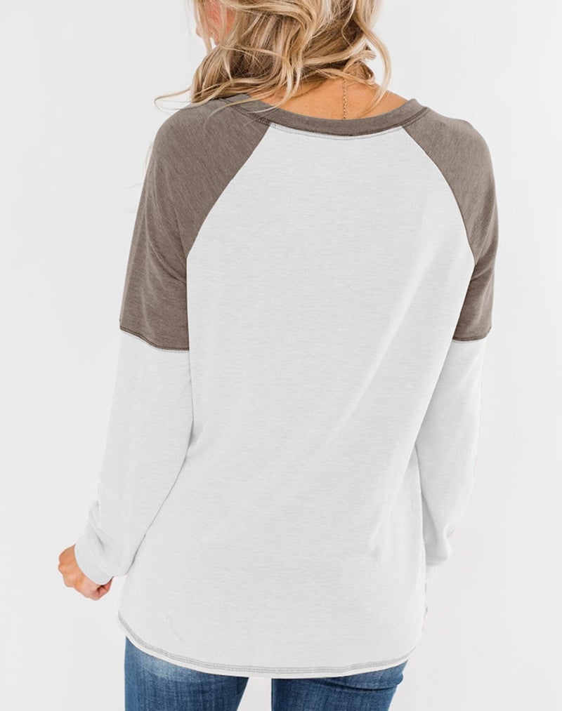 Bingerlily Women's Casual Long Sleeve Tunic Tops Crew Neck Color Block Blouses (Large, White) - Image 3