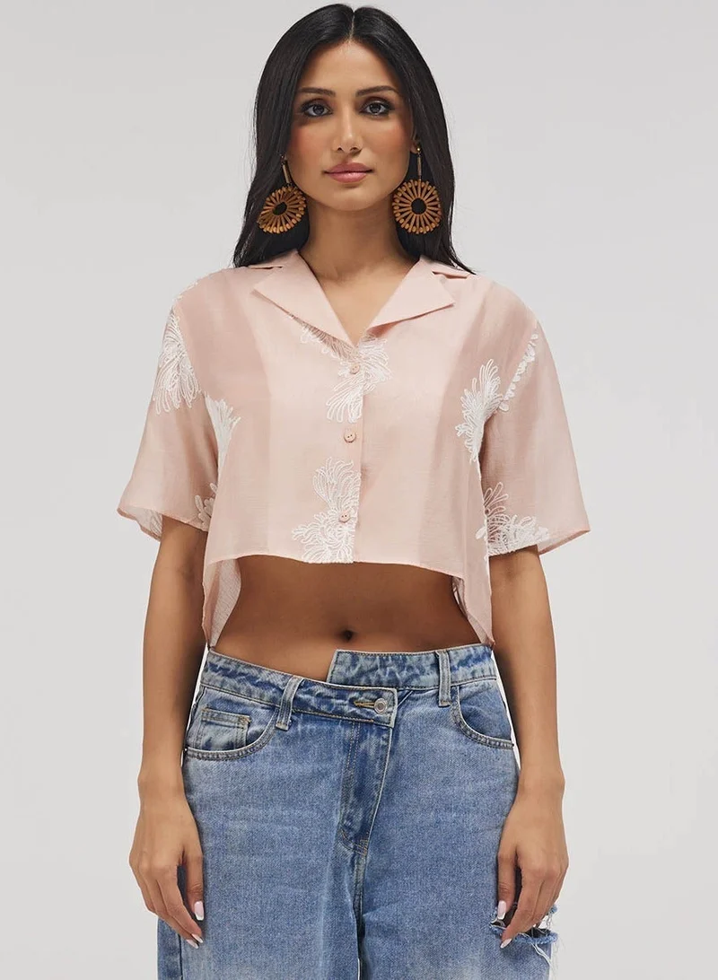 Zigzag Lapel Pink Detailed Embroidered Top