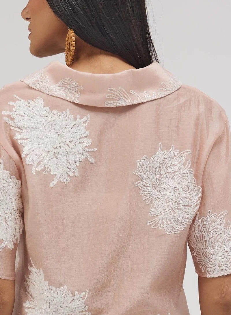 Zigzag  Lapel Pink Detailed Embroidered Top for Women | Best Price UAE