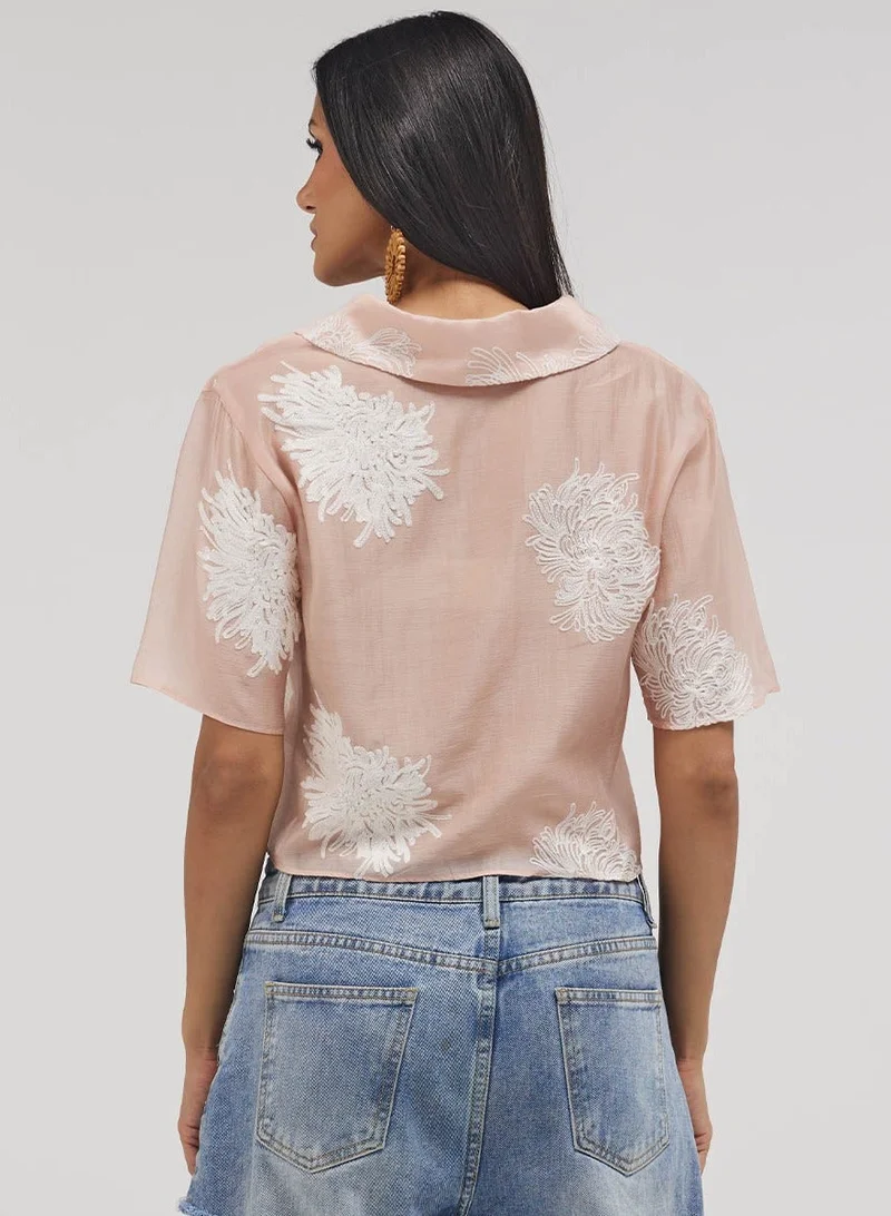 Zigzag  Lapel Pink Detailed Embroidered Top for Women | Best Price UAE