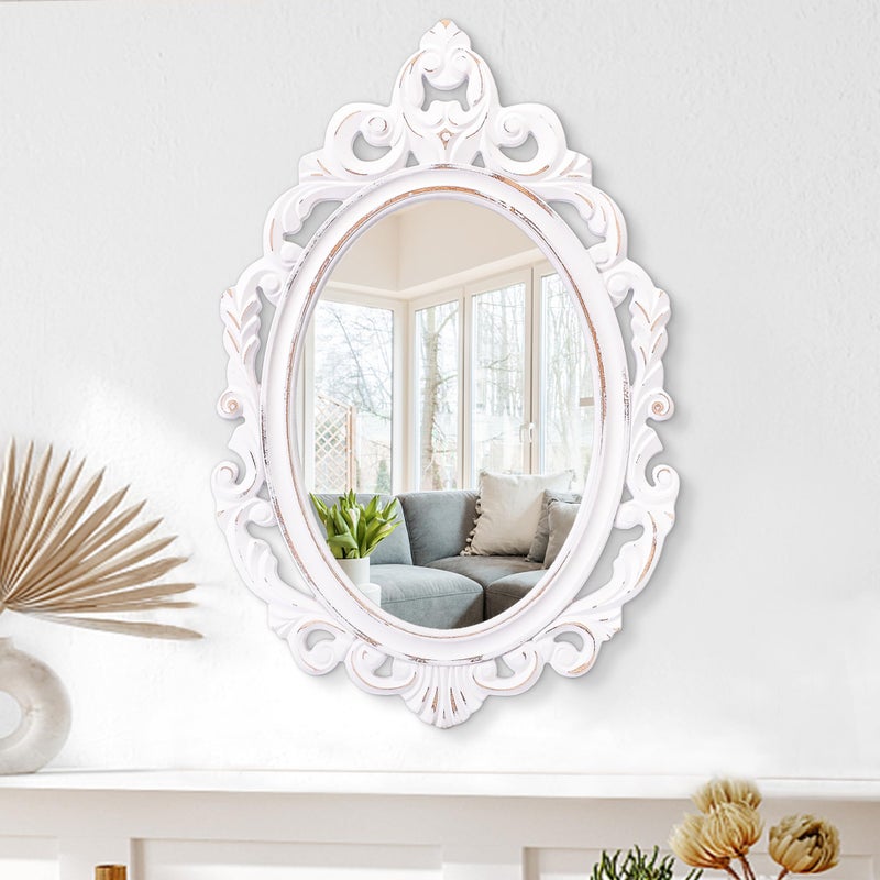 Wall Mirror Oval Baroque Style Vintage Mirrors for Wall Wooden Hanging Arendahl Traditional Mirror Decorative for Bathroom Bedroom Living Room Entryway Decor 24x16 White