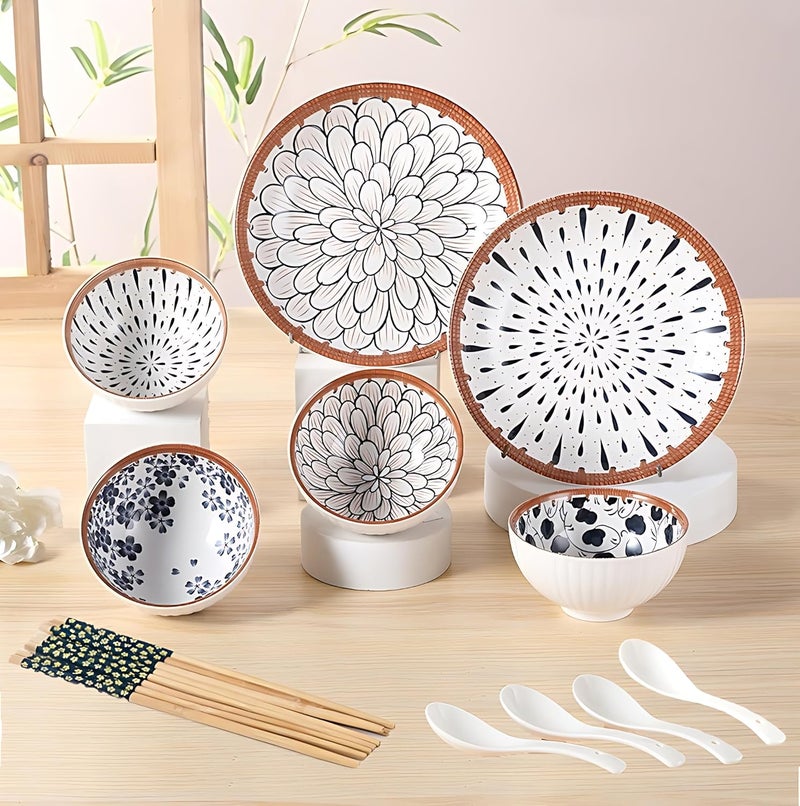 YOMITH Ceramic Dinnerware Set Floral Design Kitchen and Dining Porcelain Serving Dinner Set 2 Plates 4 Bowls 4 Soup Spoon 4 Wooden Chopsticks Set of 14 - Image 1