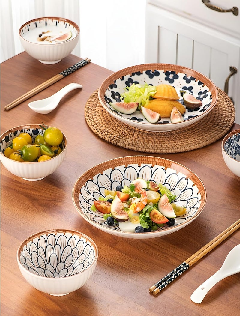 YOMITH Ceramic Dinnerware Set Floral Design Kitchen and Dining Porcelain Serving Dinner Set 2 Plates 4 Bowls 4 Soup Spoon 4 Wooden Chopsticks Set of 14 - Image 3