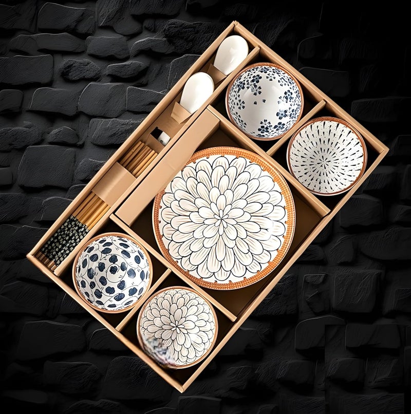 YOMITH Ceramic Dinnerware Set Floral Design Kitchen and Dining Porcelain Serving Dinner Set 2 Plates 4 Bowls 4 Soup Spoon 4 Wooden Chopsticks Set of 14 - Image 2