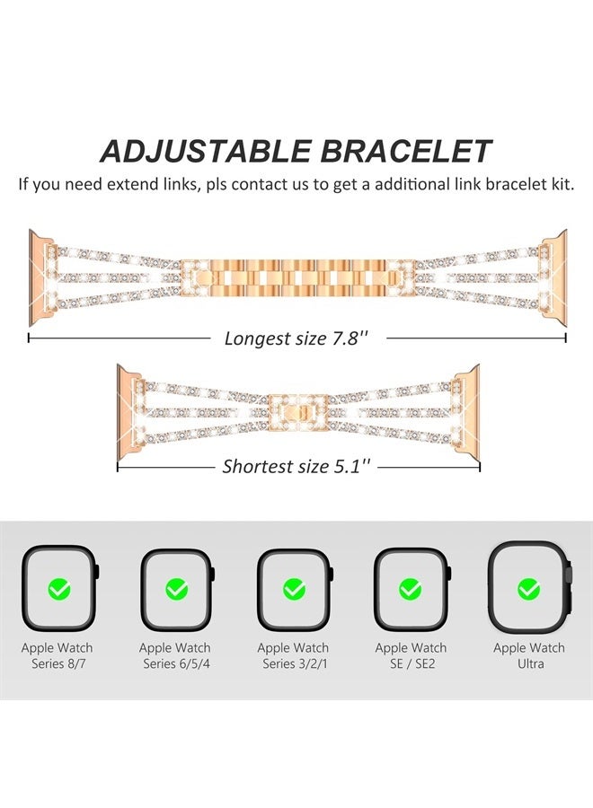 FULLIFE Compatible with Apple Watch Chain Series 8 Series 7 6 5 4 3 2 1 SE iWatch 41mm 40mm 38mm with Crystal Diamond Bling Metal Link Bracelet Strap Steel Apple Watch Band for Women, Rose Gold - Image 2