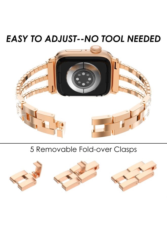 FULLIFE Compatible with Apple Watch Chain Series 8 Series 7 6 5 4 3 2 1 SE iWatch 41mm 40mm 38mm with Crystal Diamond Bling Metal Link Bracelet Strap Steel Apple Watch Band for Women, Rose Gold - Image 1