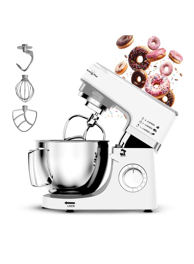 INALSA Stand Mixer 1200W with Copper Motor|5.3L SS Bowl|Metal Gear for Stability|8 Speed Setting Includes Whisking Cone,Mixing Beater,Dough Hook& Splash Guard|Dough Atta Maker Machine,KratosPlus White