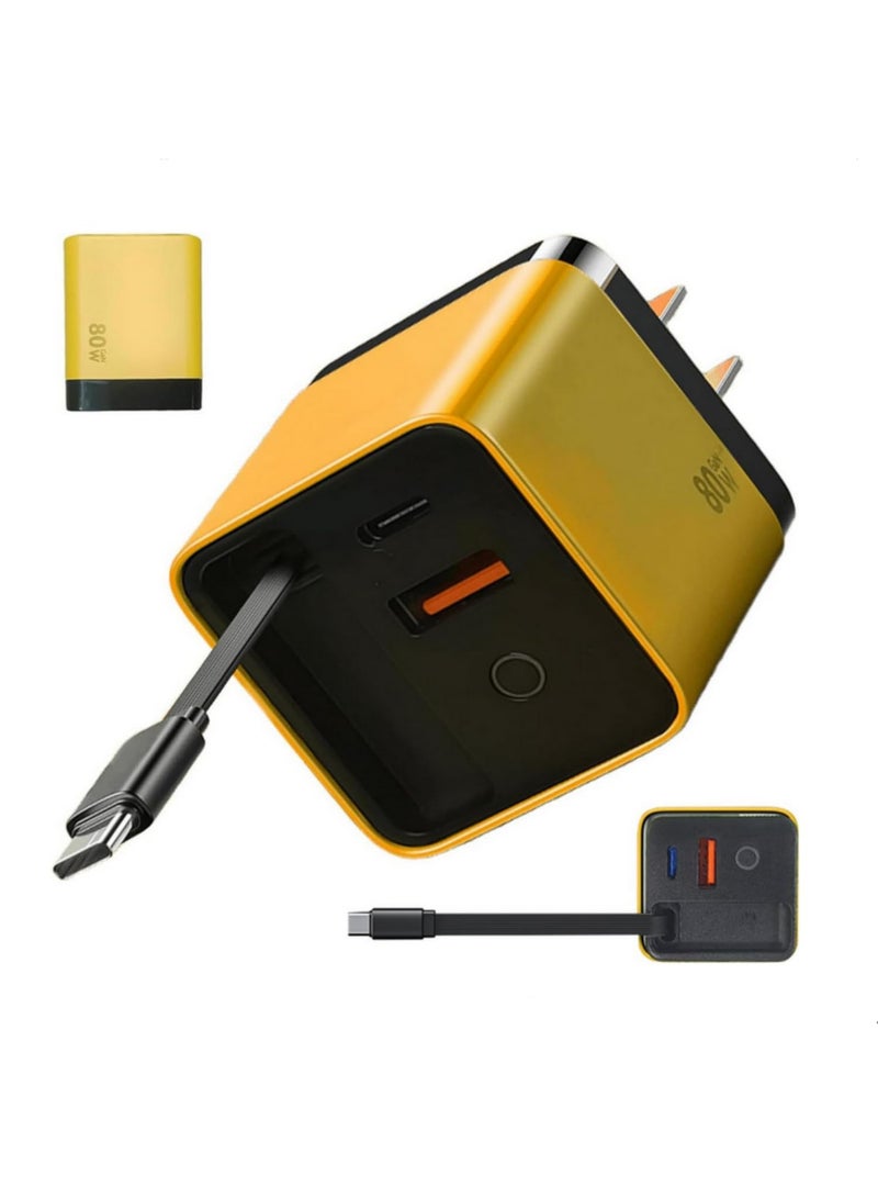 3 in 1 GaN Charger 80W MAX Fast Charger Block with Retractable Type C Cable 2 USB Ports Portable Adapter for iPhone Smartphone Mobile Phone UK plug - Image 1