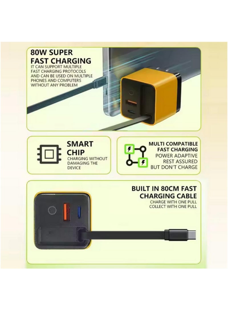 3 in 1 GaN Charger 80W MAX Fast Charger Block with Retractable Type C Cable 2 USB Ports Portable Adapter for iPhone Smartphone Mobile Phone UK plug - Image 2