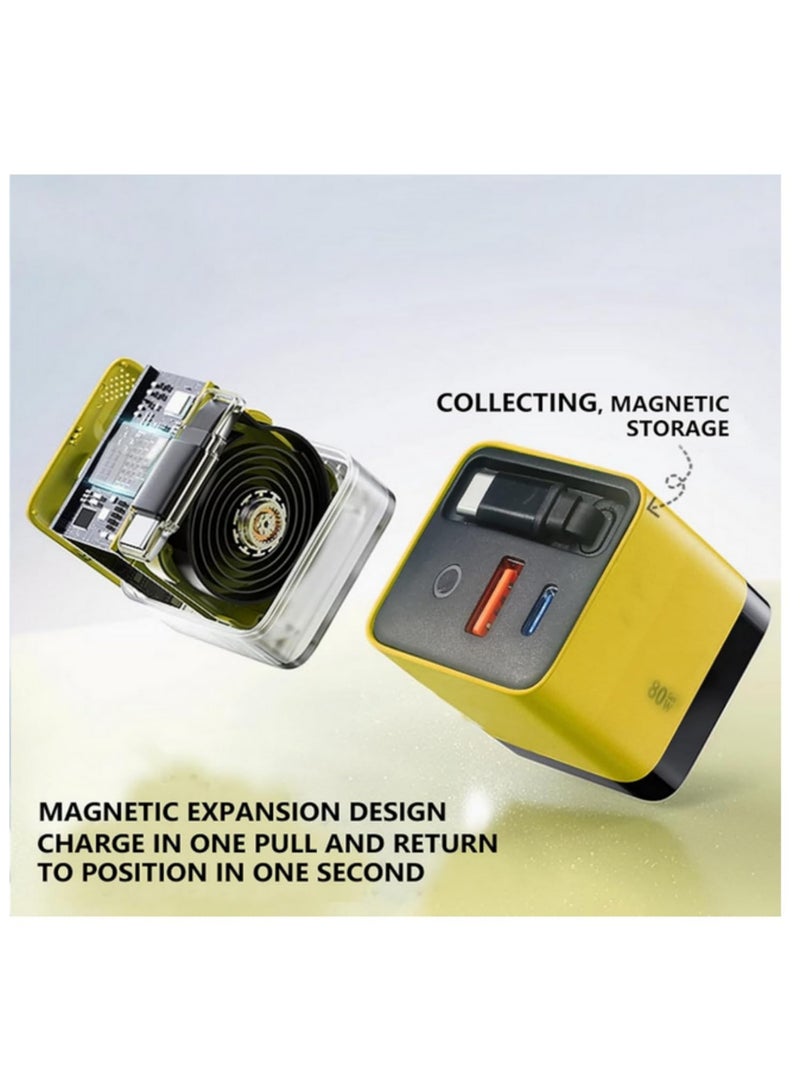 3 in 1 GaN Charger 80W MAX Fast Charger Block with Retractable Type C Cable 2 USB Ports Portable Adapter for iPhone Smartphone Mobile Phone UK plug - Image 3