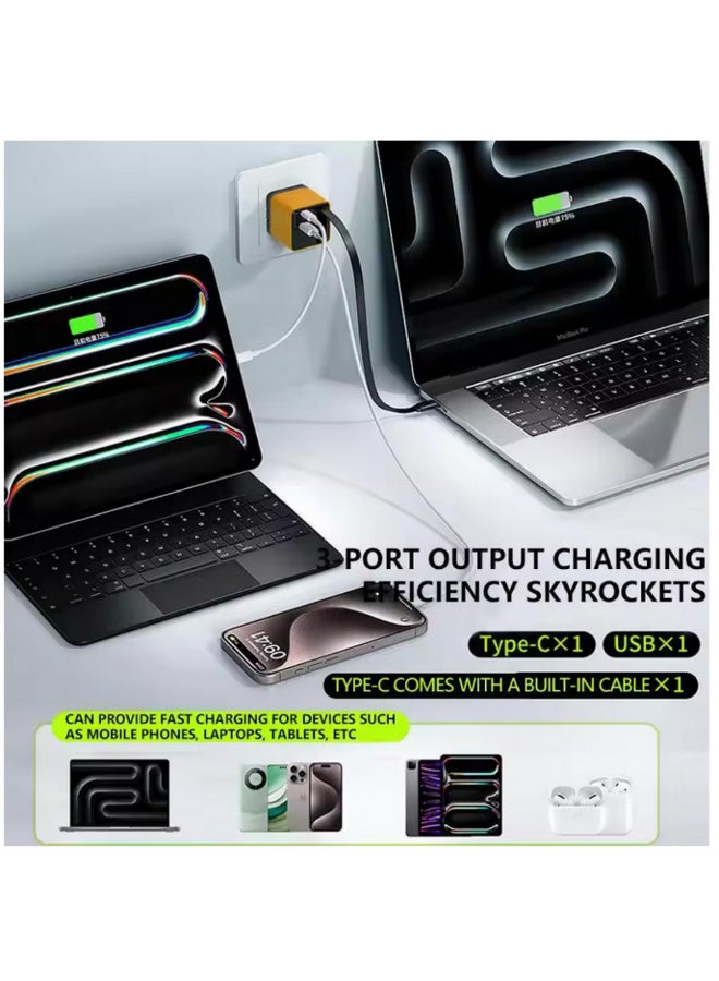 3 in 1 GaN Charger 80W MAX Fast Charger Block with Retractable Type C Cable 2 USB Ports Portable Adapter for iPhone Smartphone Mobile Phone UK plug - Image 5