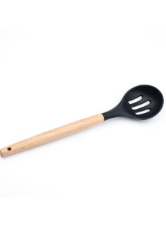 Beram Silicone Slotted Spoon with Wooden Handle, Heat-Resistant, Non-Scratch Cooking Utensil for Stirring, Scooping, Mixing, and Serving, Durable and Versatile Kitchen Tool, Black  - Image 1