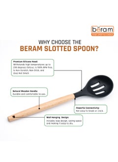 Beram Silicone Slotted Spoon with Wooden Handle, Heat-Resistant, Non-Scratch Cooking Utensil for Stirring, Scooping, Mixing, and Serving, Durable and Versatile Kitchen Tool, Black  - Image 2