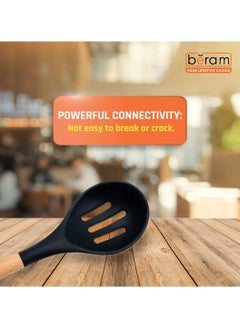 Beram Silicone Slotted Spoon with Wooden Handle, Heat-Resistant, Non-Scratch Cooking Utensil for Stirring, Scooping, Mixing, and Serving, Durable and Versatile Kitchen Tool, Black  - Image 4