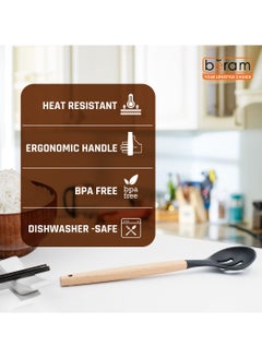 Beram Silicone Slotted Spoon with Wooden Handle, Heat-Resistant, Non-Scratch Cooking Utensil for Stirring, Scooping, Mixing, and Serving, Durable and Versatile Kitchen Tool, Black  - Image 5