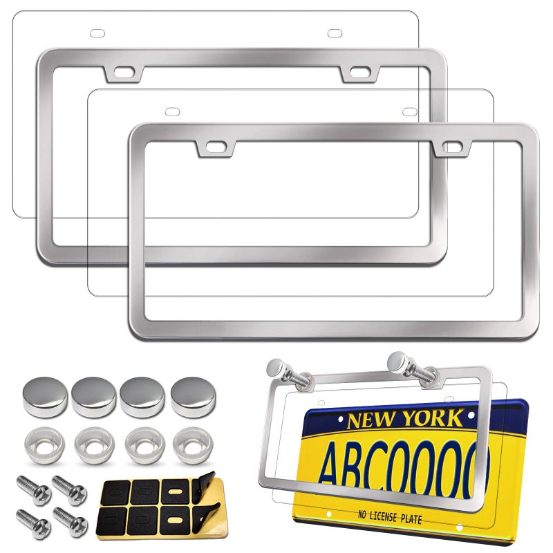 Aootf License Plate Frames Covers - Stainless Steel Car Tag Holder and Clear Flat Shield, Unbreakable Front Rear Protector with Chrome Screws Caps, 2 Sets - Image 1