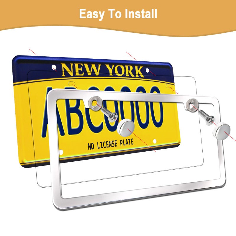 Aootf License Plate Frames Covers - Stainless Steel Car Tag Holder and Clear Flat Shield, Unbreakable Front Rear Protector with Chrome Screws Caps, 2 Sets - Image 5