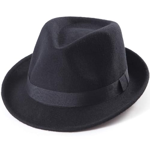 LADYBRO Black Fedora Hat for Men - Classic Wool Short Brim Trilby for Winter, 7 1/4 - Image 1