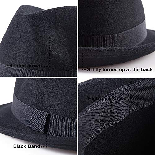 LADYBRO Black Fedora Hat for Men - Classic Wool Short Brim Trilby for Winter, 7 1/4 - Image 5