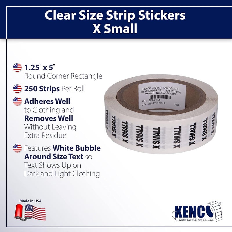 KENCO Clothing Size Strip Labels - 1.25" X 5" - 250 Strips Per Roll - Clear with Black and White Ink by (Extra Small) - Image 2