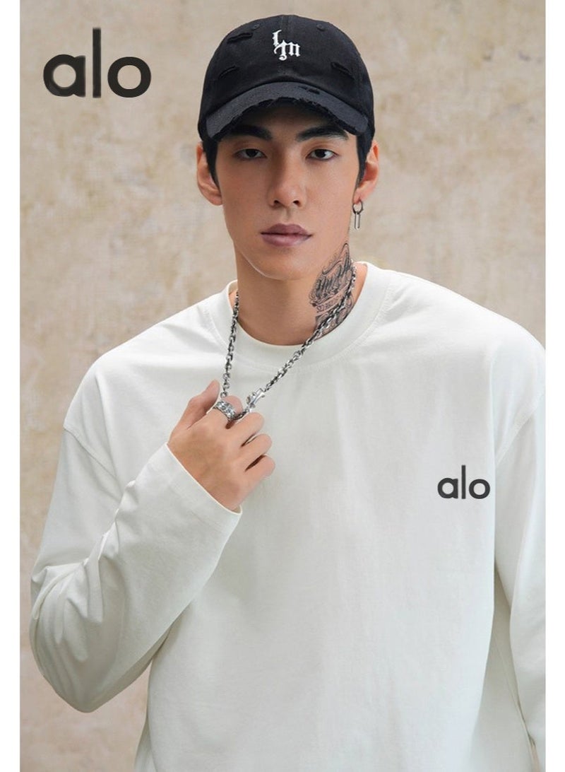 Alo Yoga loose casual long sleeved round neck T-shirt - a couple's shirt suitable for both men and women, 100% pure cotton 250G black sports shirt with logo, casual and fashionable Chinese street wear - Image 3