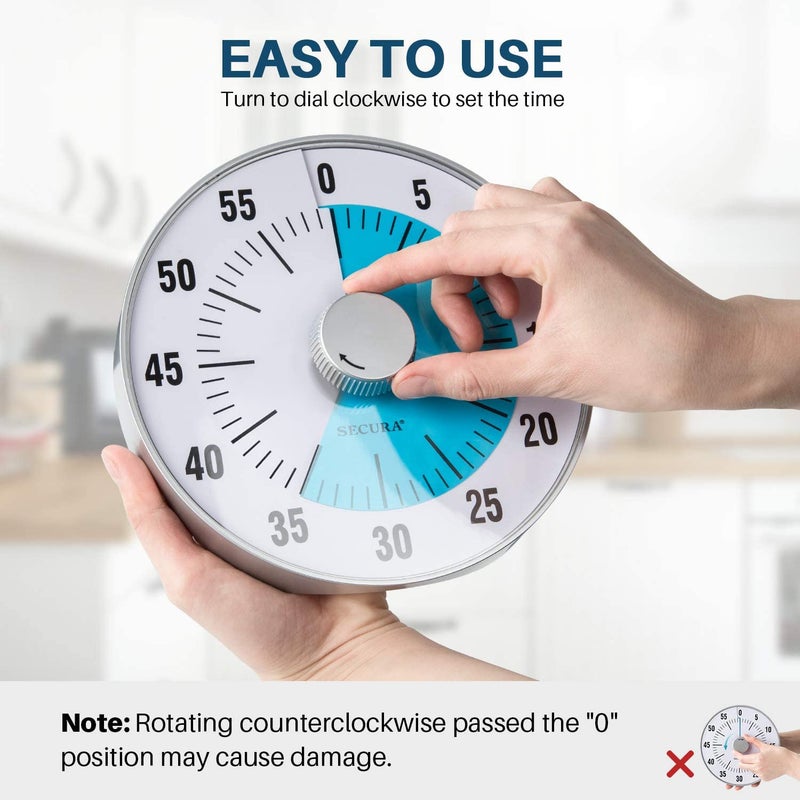 Secura 7.5-Inch Oversize Visual Countdown Timer, 60-Minute Kitchen Timer | Time Management Tool for Kids, Teachers and Adults (Blue) - Image 3