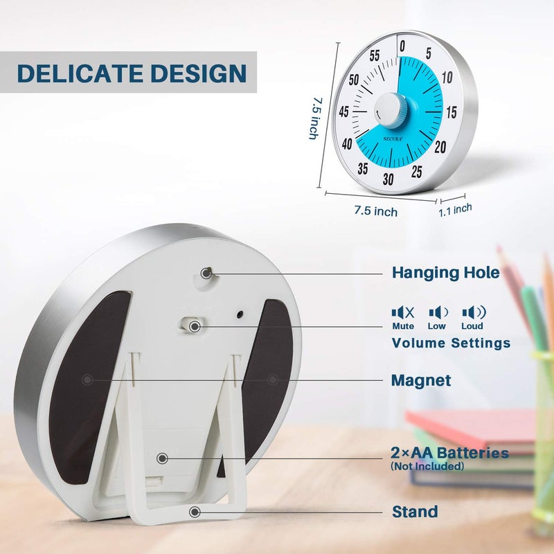 Secura 7.5-Inch Oversize Visual Countdown Timer, 60-Minute Kitchen Timer | Time Management Tool for Kids, Teachers and Adults (Blue) - Image 2