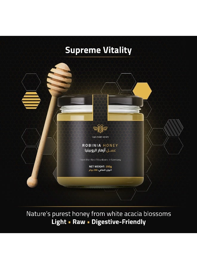 DW Power Robinia Honey 250g – A premium light-colored German raw honey from acacia blossoms, cherished for its mild sweetness, delicate floral aroma, and crystal-clear clarity. - Image 5