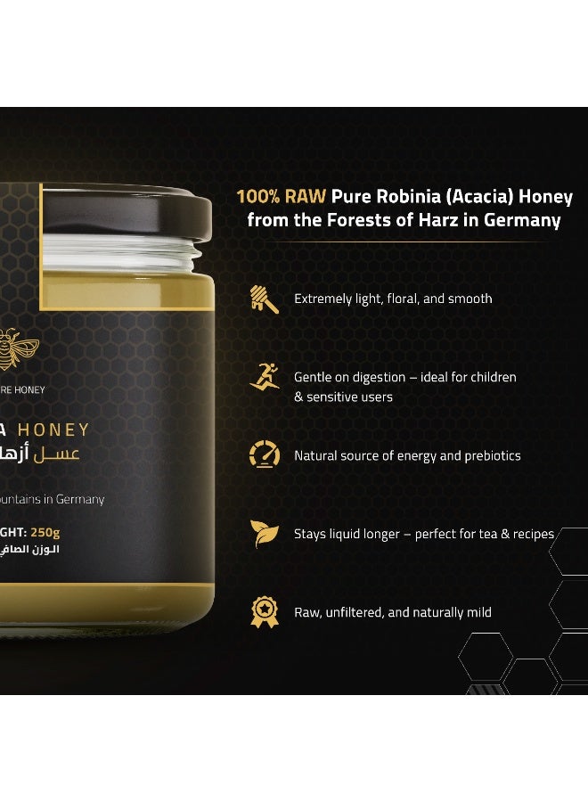 DW Power Robinia Honey 250g – A premium light-colored German raw honey from acacia blossoms, cherished for its mild sweetness, delicate floral aroma, and crystal-clear clarity. - Image 2