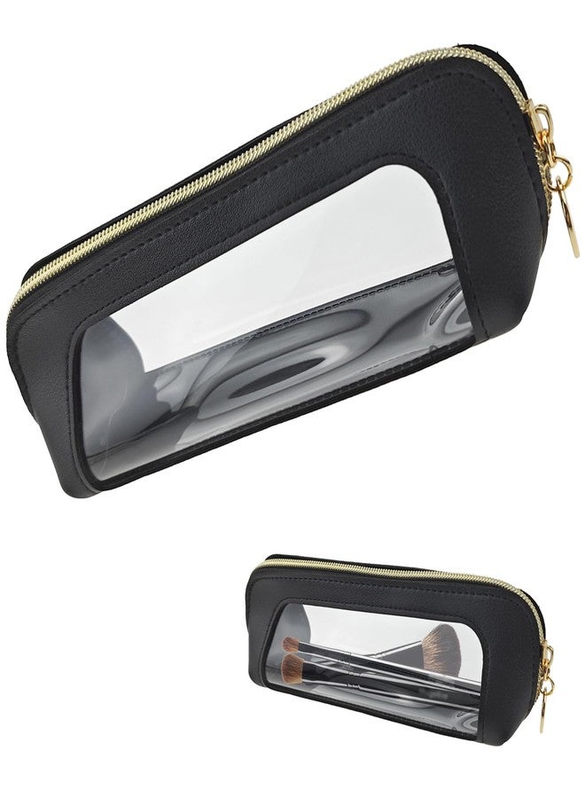 Capiant 1 PACK Clear Makeup Bag, Leather Makeup Brush Bag, Double Sided Clear Toiletry Bag for Women, Portable Brush Bag Transparent Travel Cosmetic Bag, Makeup Case with Zipper - Image 1