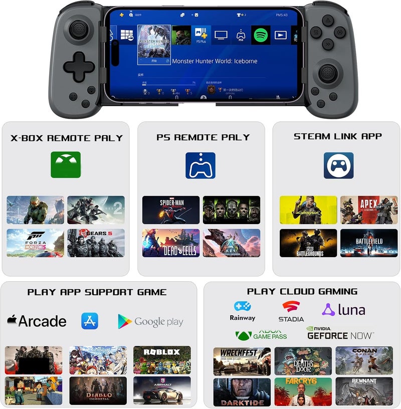 arVin Mobile Gaming Controller for iPhone, Android with Phone CASE Support, Wireless Gamepad for iPhone/iPad/Samsung/Tablet/Switch/PS4/PC - Play Xbox Cloud Gaming/PS Remote Play/Steam Link/GeForce Now - Image 3