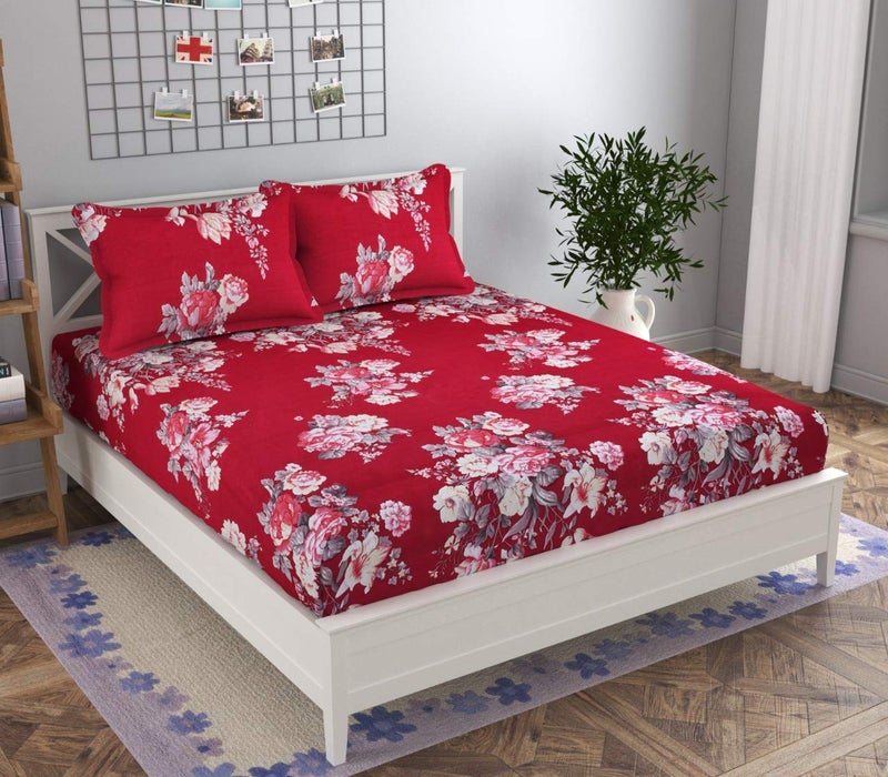 KAWI Elastic Fitted California King Size Poly Cotton Bedsheet (84"X 74"X 8" Mattress Size) King Size – Maroon Color - Image 1