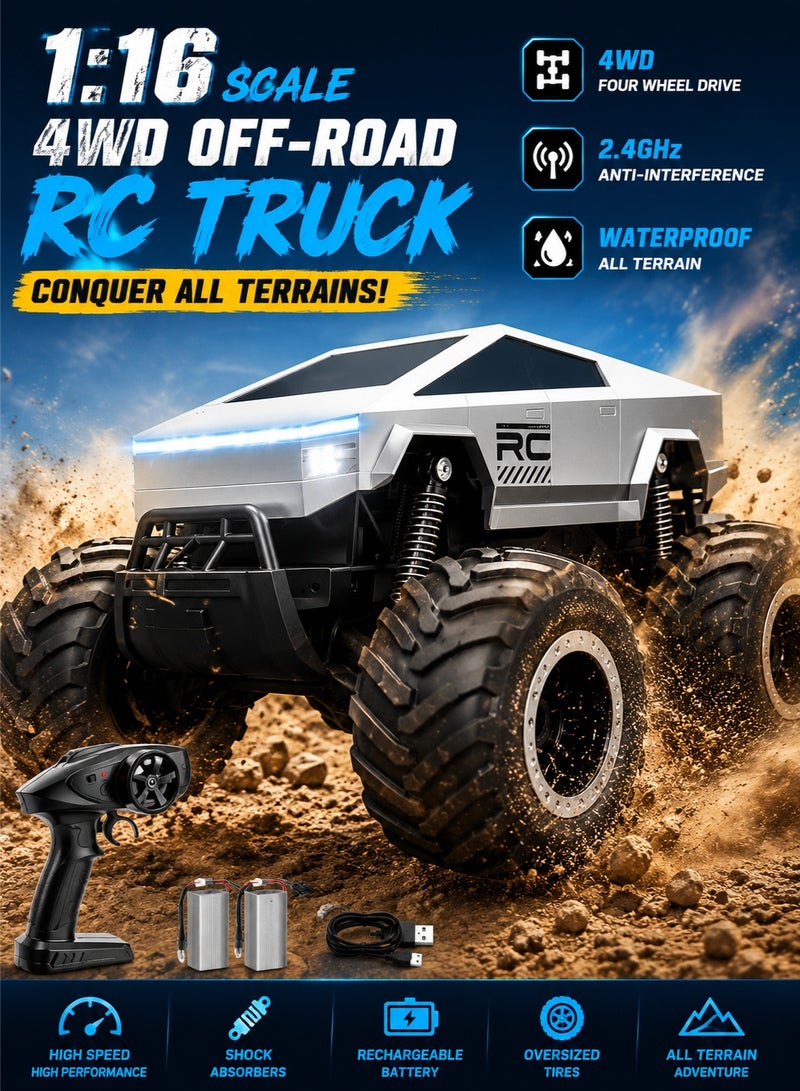 RC 1:16 Scale Remote Control Car 4WD Off Road Monster Truck, Waterproof Pickup RC Car with 2.4GHz Remote, Rechargeable All Terrain Toy Vehicle for Boys Girls Ages 8+, Outdoor Racing Gift - Image 1