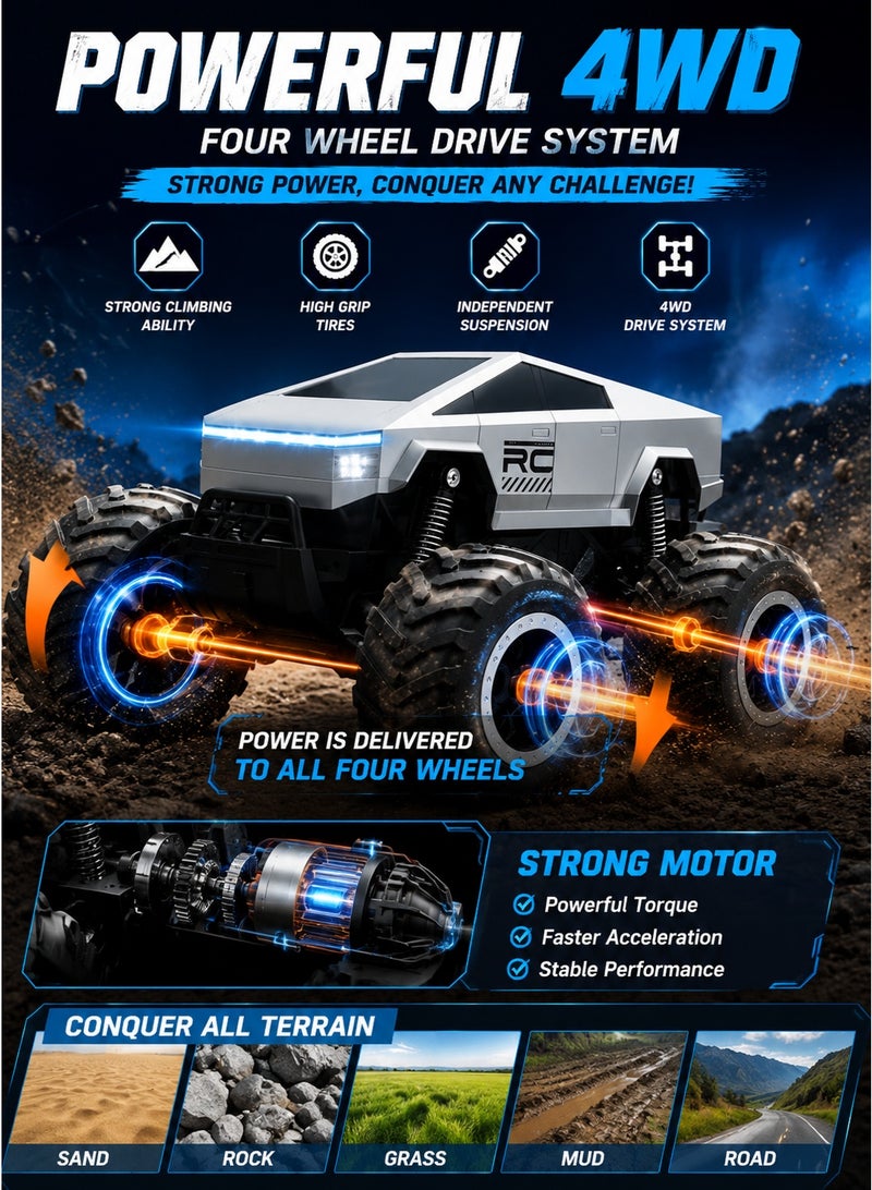 RC 1:16 Scale Remote Control Car 4WD Off Road Monster Truck, Waterproof Pickup RC Car with 2.4GHz Remote, Rechargeable All Terrain Toy Vehicle for Boys Girls Ages 8+, Outdoor Racing Gift - Image 2