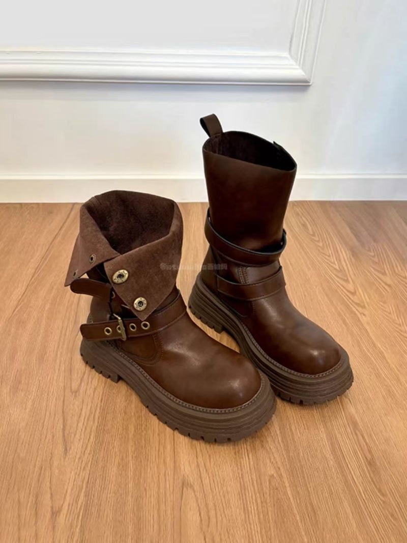 Sheepskin Version ~ Brown Martin Boots With Hidden Height Increase For Women, Retro Melard Two-Way Wear Thick-Soled Short Boots - Image 1