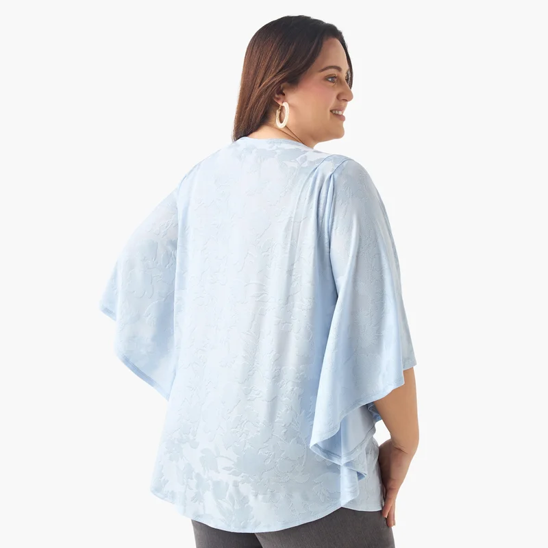 Ulla Popken Plus Size Ulla Popken Textured Top with Round Neck and 3/4 Sleeves